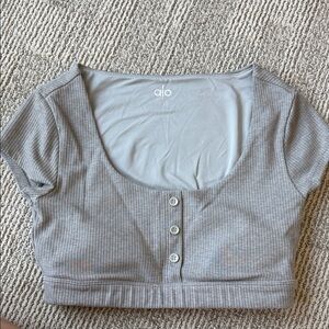 ALO Yoga Gray Ribbed Scoop Neck Button-Front Crop Top